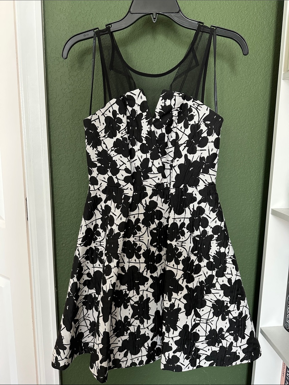BCBGeneration Black and White Floral Mesh Yoke Mini Dress